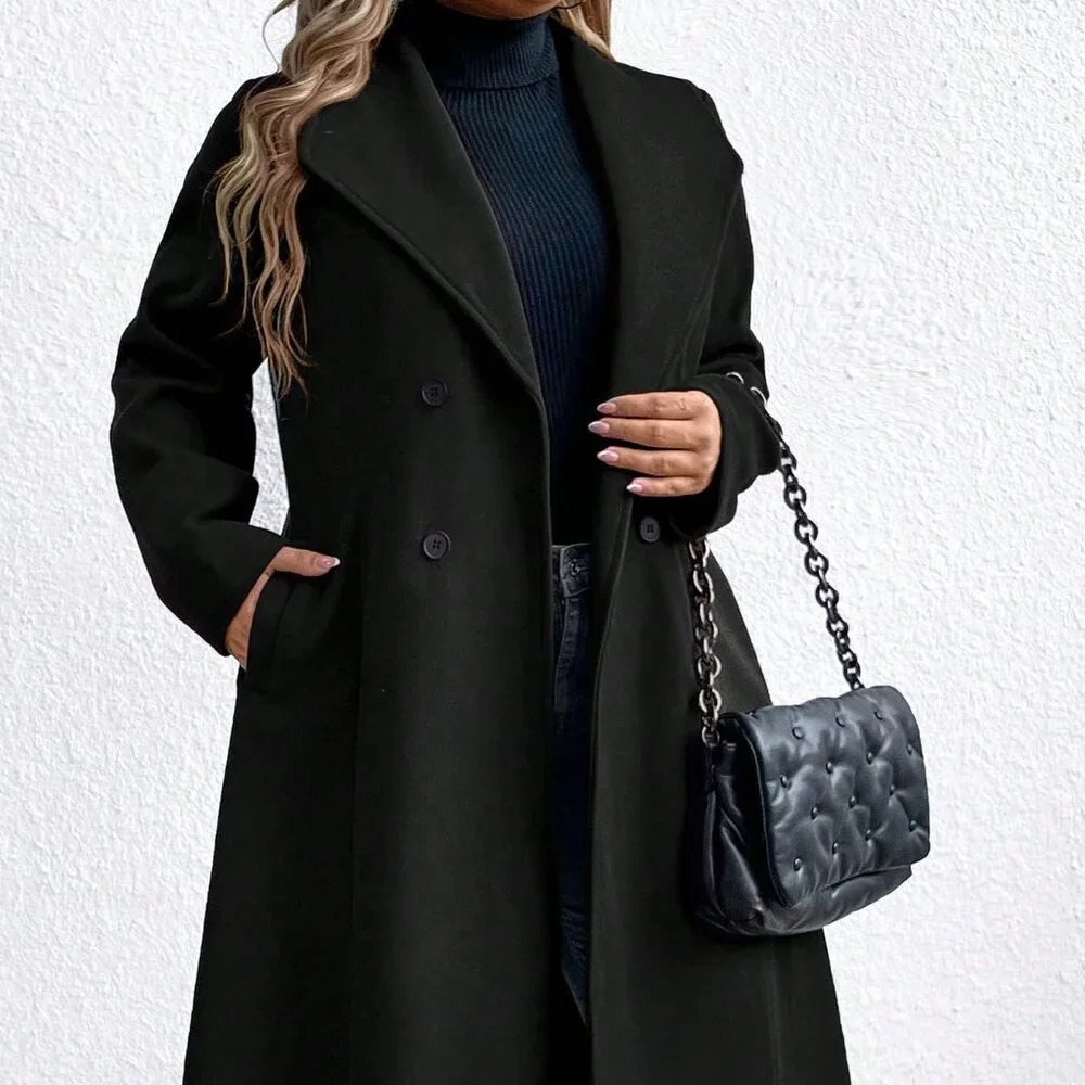 Black Casual Women's Plus Size Plain Double Breasted Pocket Long Sleeve Overcoat - Picture 1 of 6